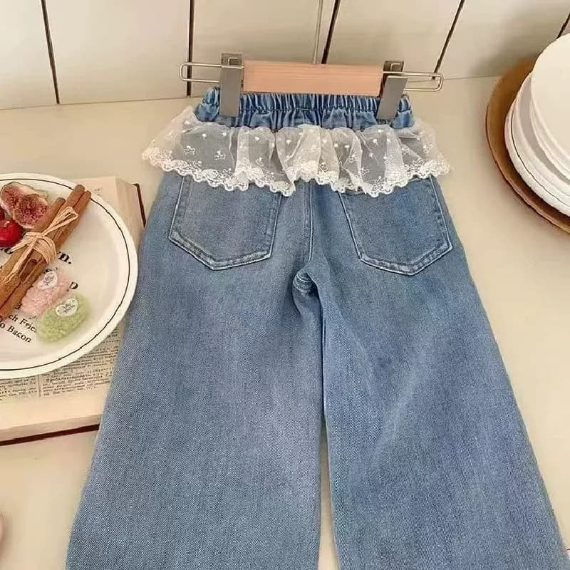 Pantalon en jean brodé avec dentelle pour filles, nouveau jean à nœud brodé, vêtements pour enfants,