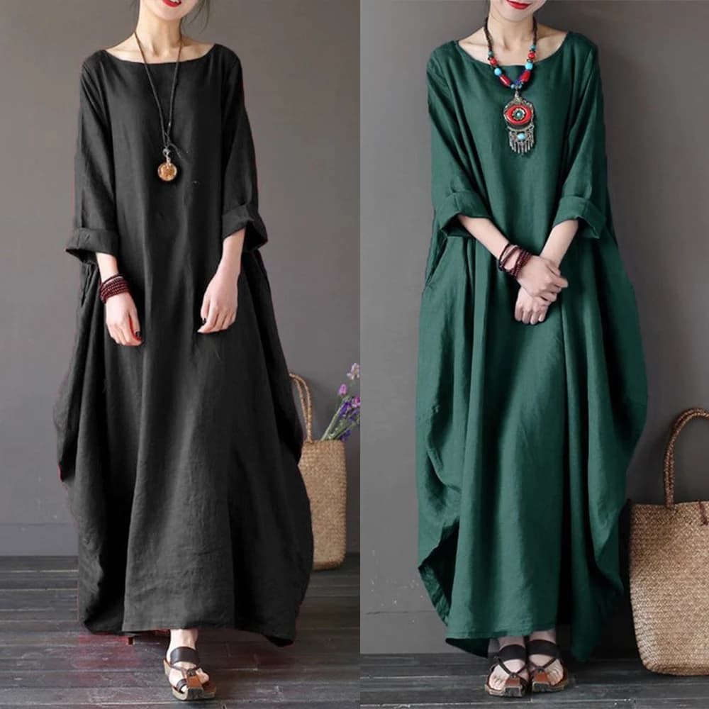 Robe longue en coton et lin pour femmes, mode coréenne, manches longues, col rond, Maxi caftan, Vint