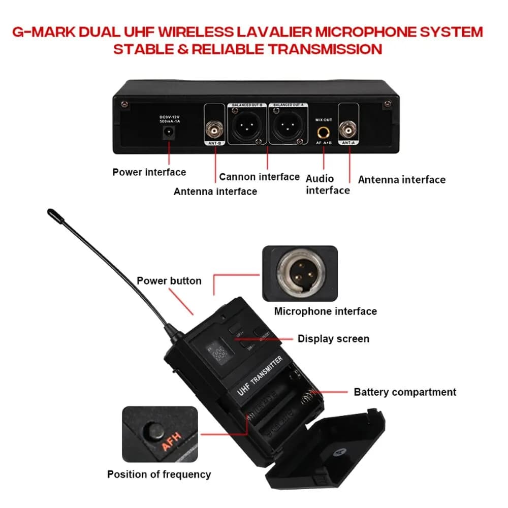 Microphone Lavalier sans fil G-MARK EW100, 2 canaux, transmetteur de fréquence réglable UHF, bodypac