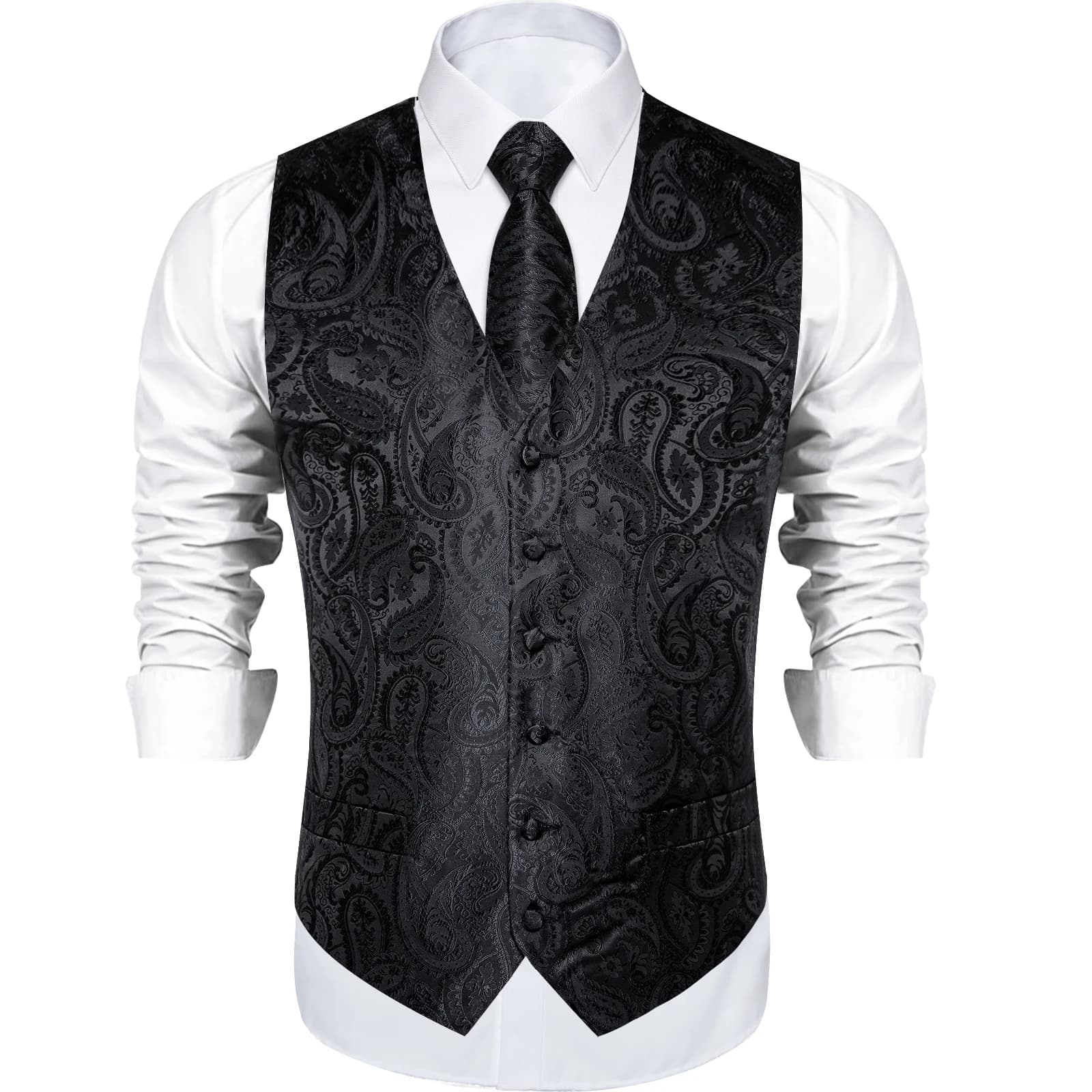 Gilet de costume Paisley noir solide pour hommes, avec cravate, nœud papillon, mouchoir, boutons de 