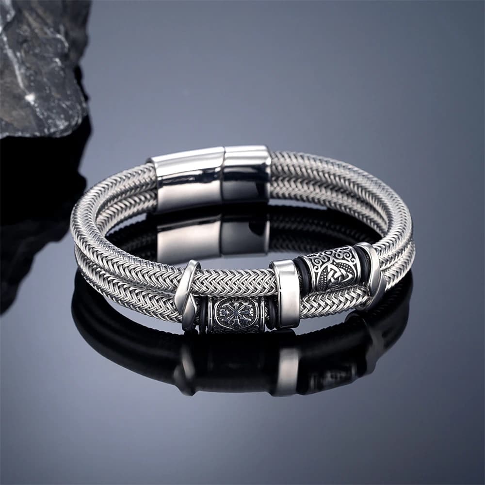 Vikings Runes Double couche Bracelet pour hommes en acier inoxydable câble métallique nordique Triqu