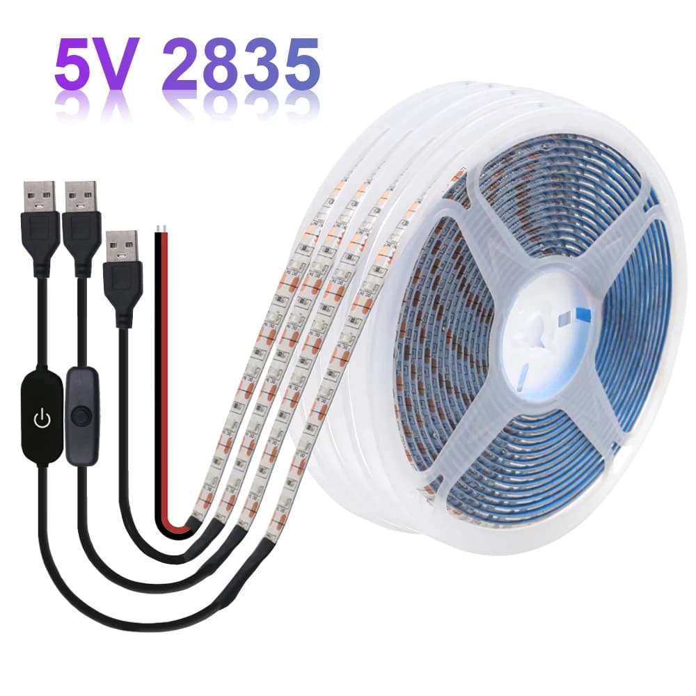 Bande lumineuse LED USB 5V, batterie SMD 2835 3528 60LED 0.5m 1m 2m 5m, blanc froid, ruban bleu chau