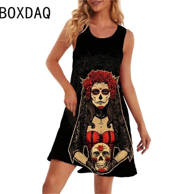 Robe d'été imprimée tête de mort 3D pour femmes, robes de plage en fibre, grande taille, robe trapèz