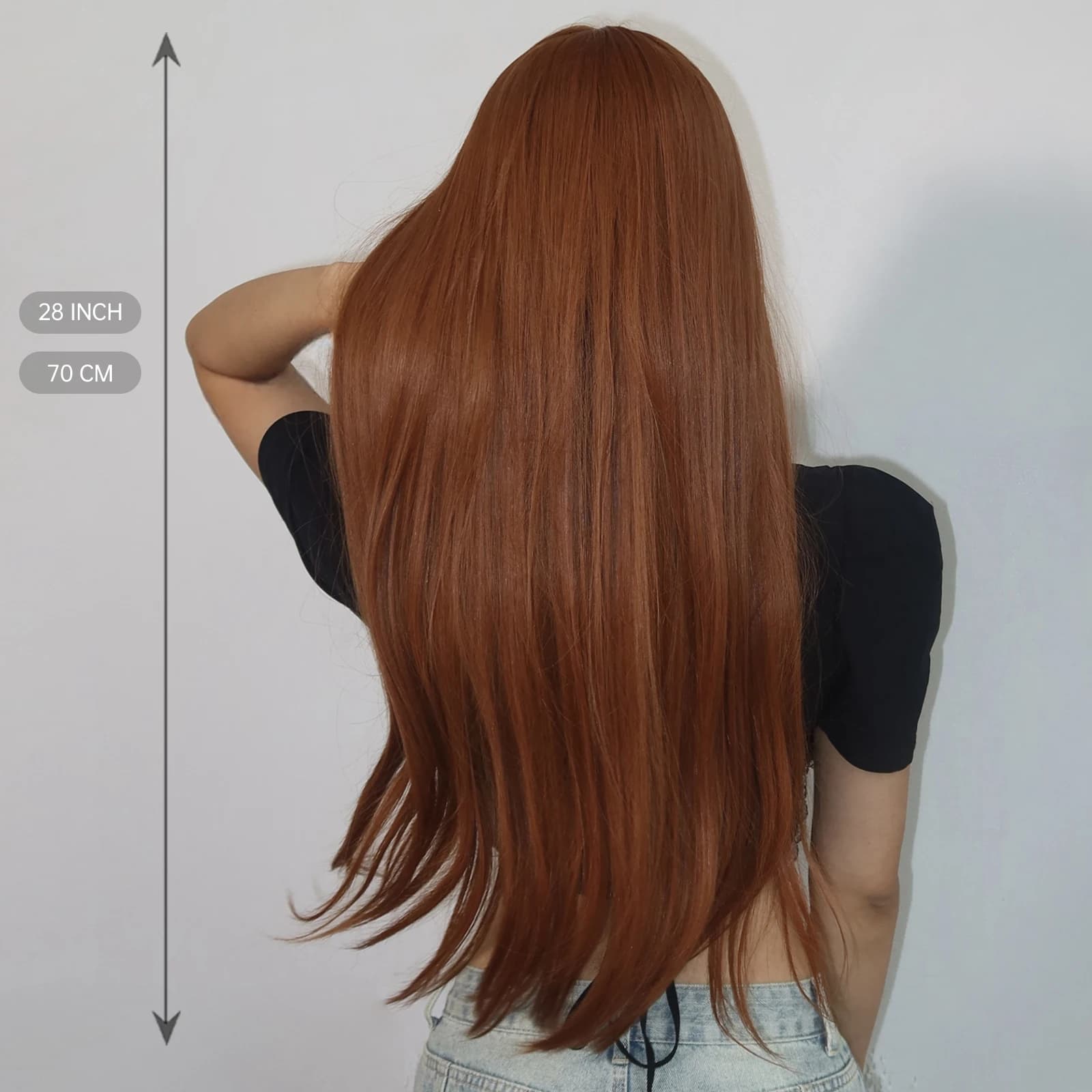 Perruque synthétique longue et lisse marron gingembre en cuivre pour femmes, perruque avec raie cent