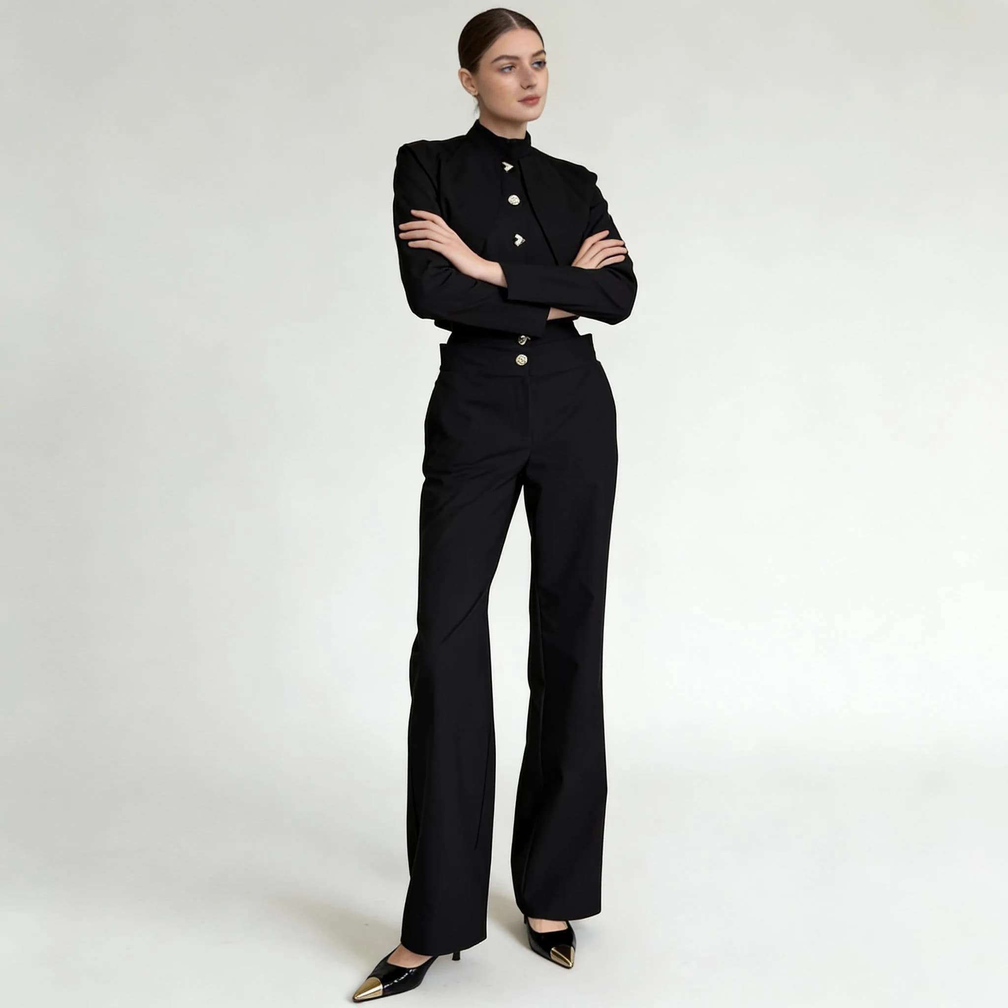 Haut court boutonné à col montant LIMO + pantalon large taille haute, ensemble élégant 2 pièces pour