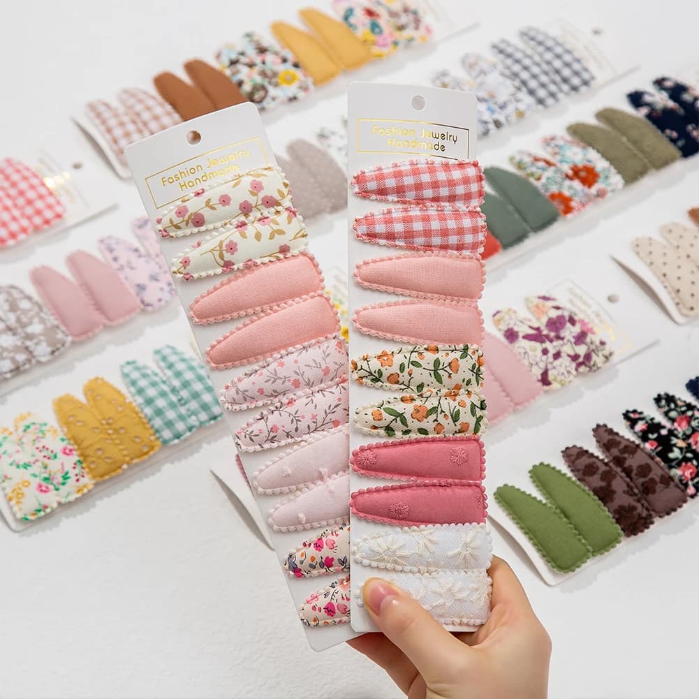 10 pièces/lot Ins 6cm fleur imprimé coton alliage cheveux arc Snap Clips ensemble tissu Plaid Bobby 
