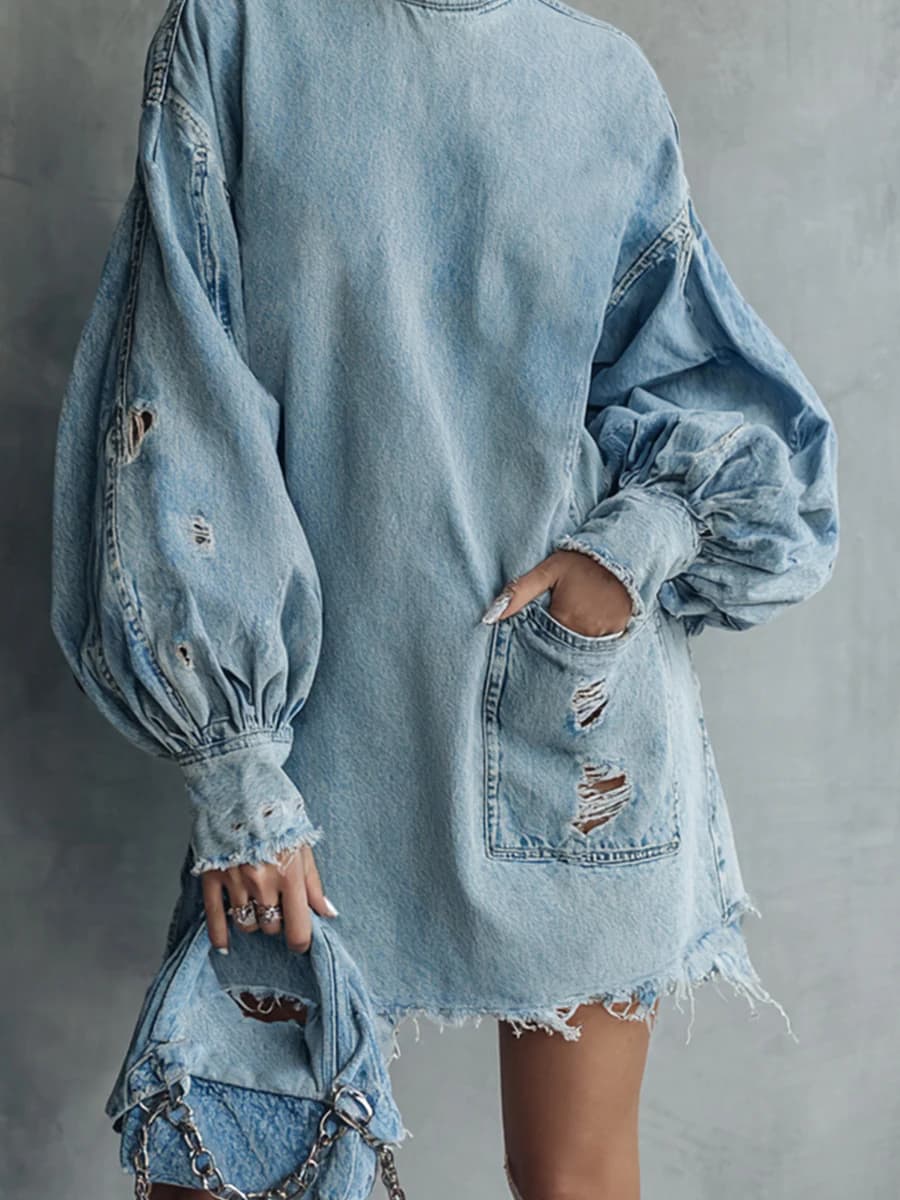 Robe Courte en Jean Rétro Tendance à Col Montant, Manches Lanterne, Poches et Détails Découpés, Coup