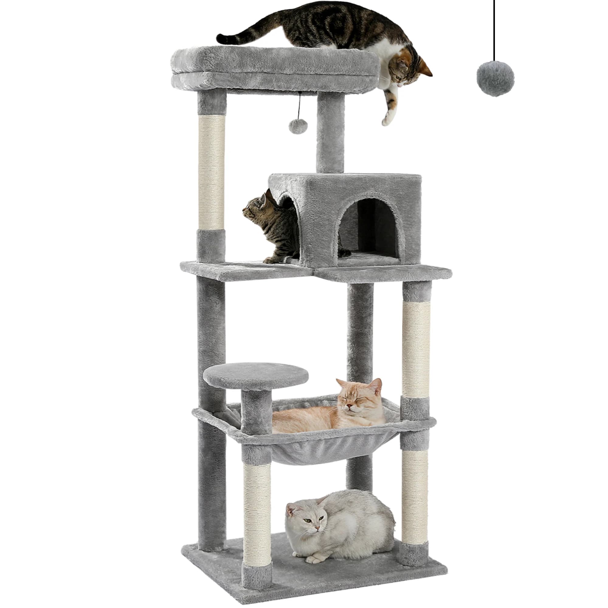 Arbre à chat pour chats d'intérieur, tour à chat à 5 niveaux pour grands chats avec grand hamac, pot