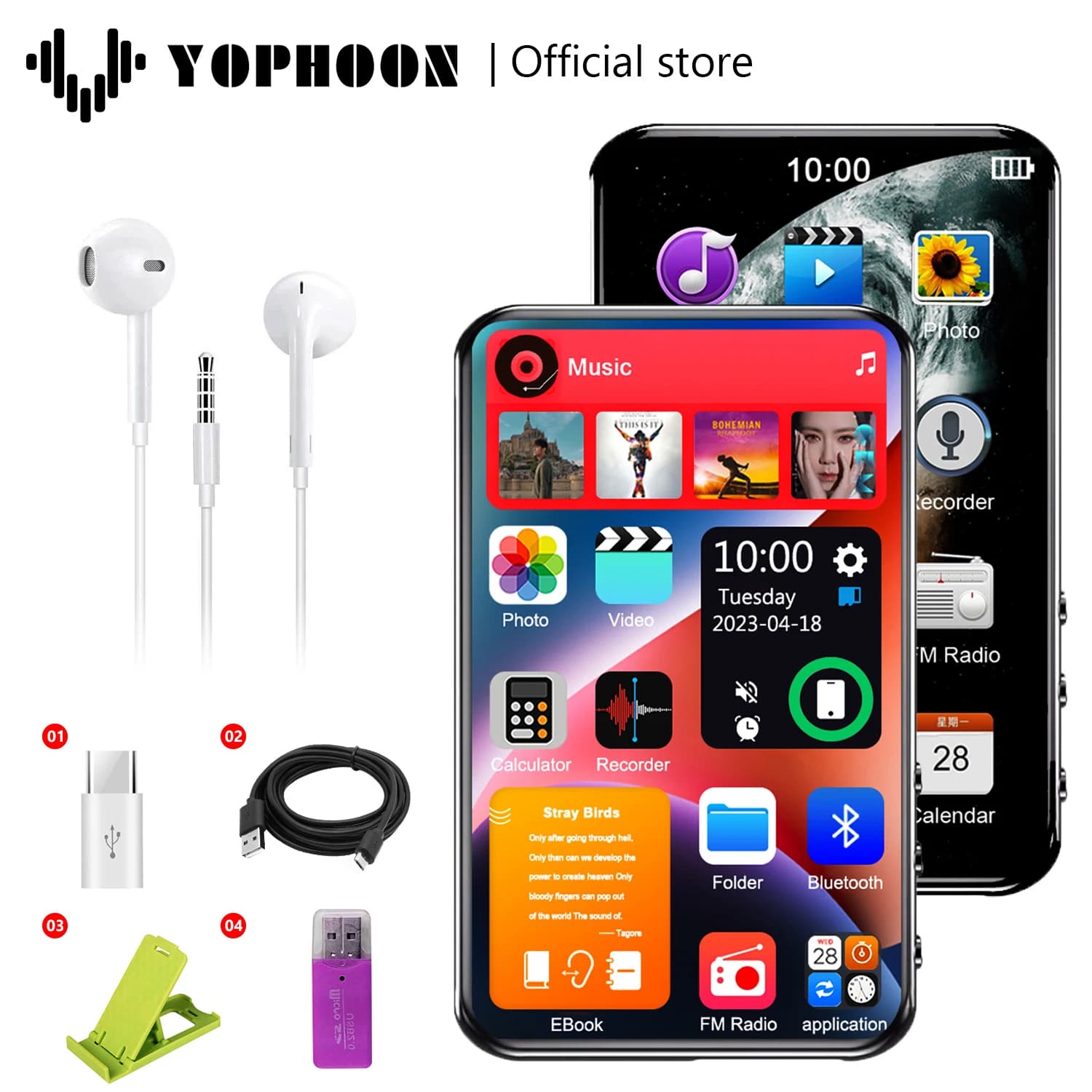 Yophoon X20-New biom4 pouces plein écran tactile lecteur MP3 MP4 16 Go avec haut-parleur 1080P vidéo