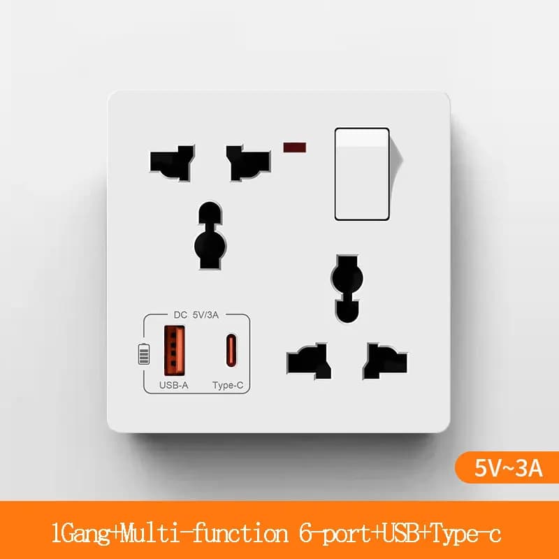 Prise multifonctionnelle 1Gang 6 trous avec charge USB+Type-C, prise universelle dissimulée de type 