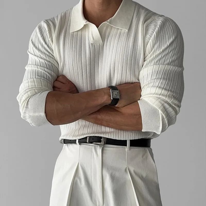 Polo de luxe en Jacquard tricoté pour hommes, col en v, couleur unie, manches longues, populaire cor
