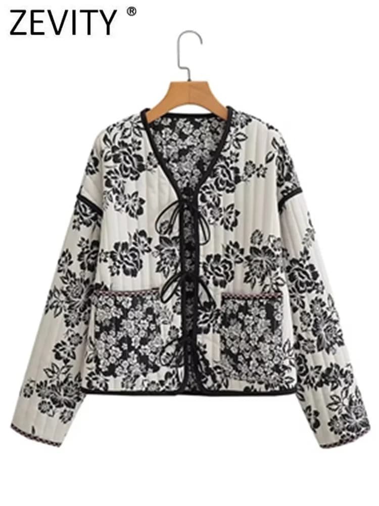 Zevity femmes Vintage Double imprimé fleuri à lacets coton veste manteau femme à manches longues poc