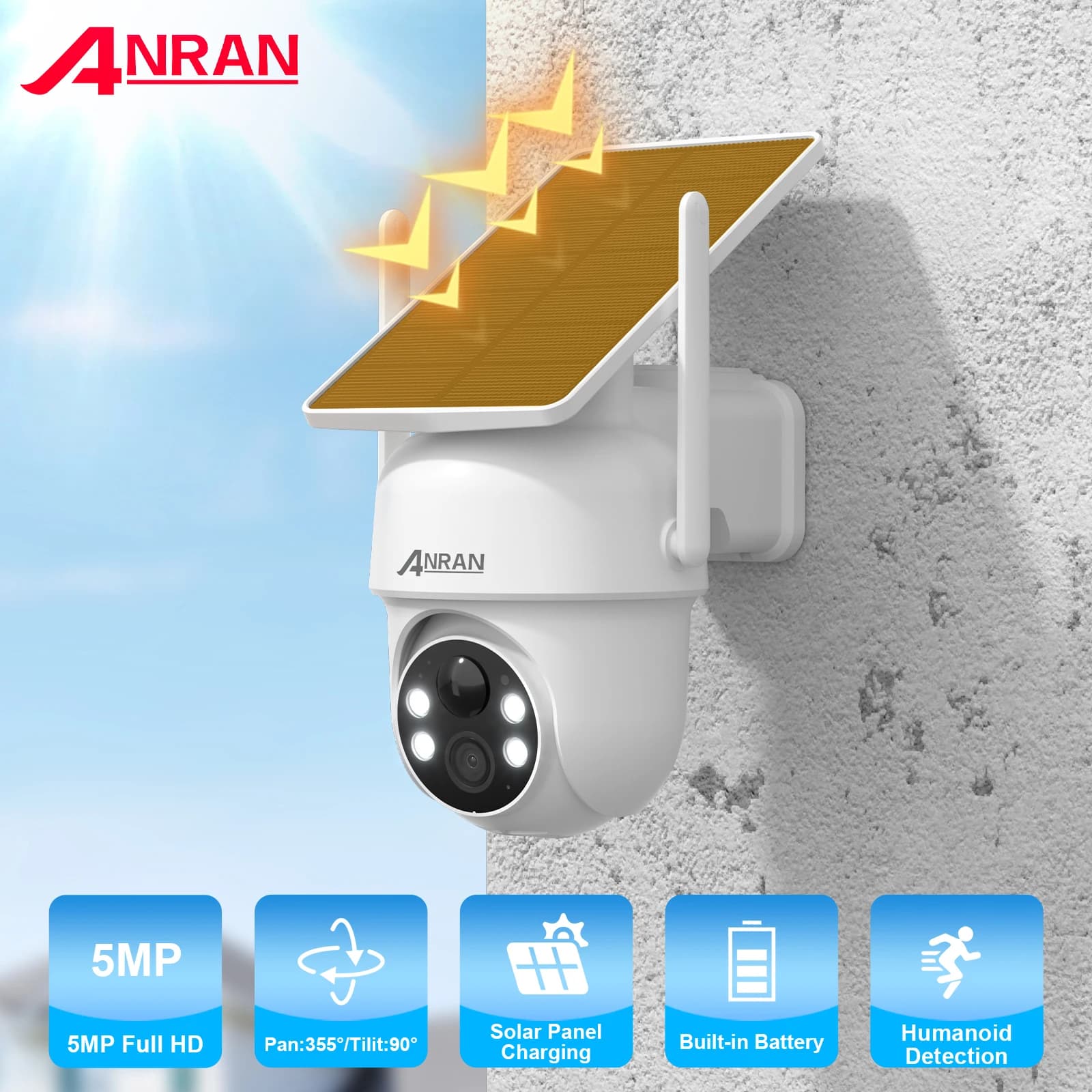 ANRAN caméra solaire 2K 3/5MP 2.4G Wifi caméras de sécurité de Surveillance caméras de batterie de P