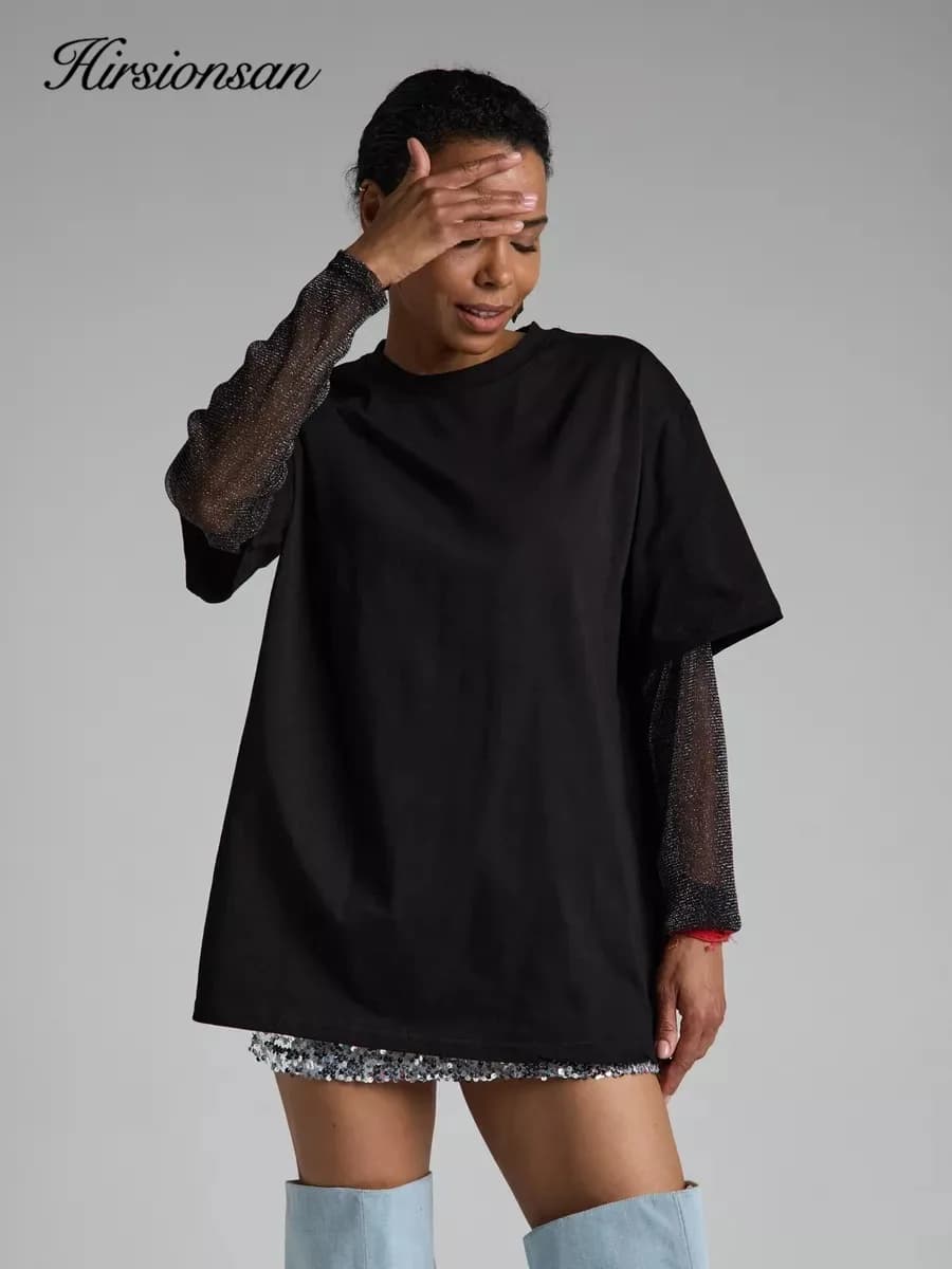 Hirsionsan coton t-shirt femmes 2024 été surdimensionné brillant soie Patchwork à manches longues t-