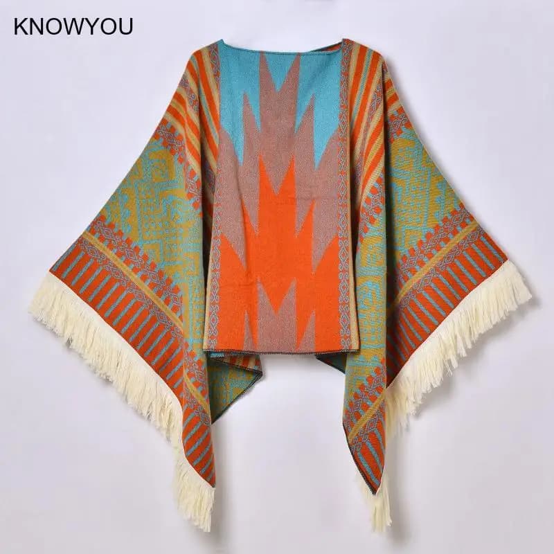 Poncho de voyage pour femmes, châle, Style ethnique, glands, Cape à capuche, Jacquard chaud d'hiver,