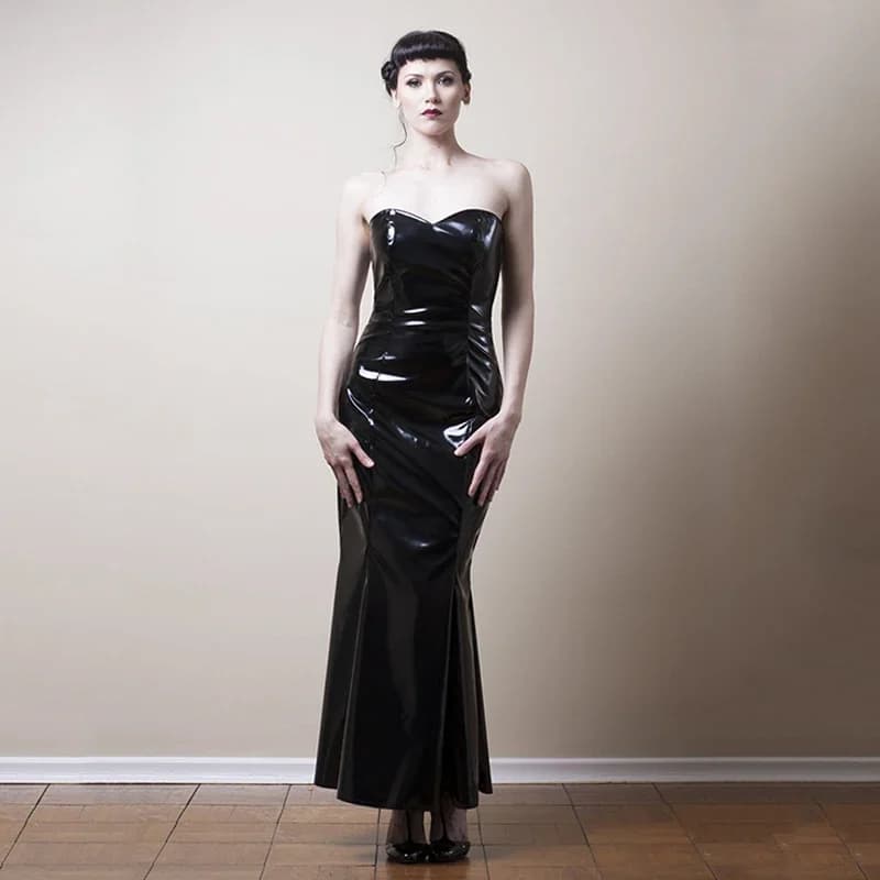 Robe sirène noire sans bretelles pour femme, simili cuir latex, robe longue pour femme, robe de soir