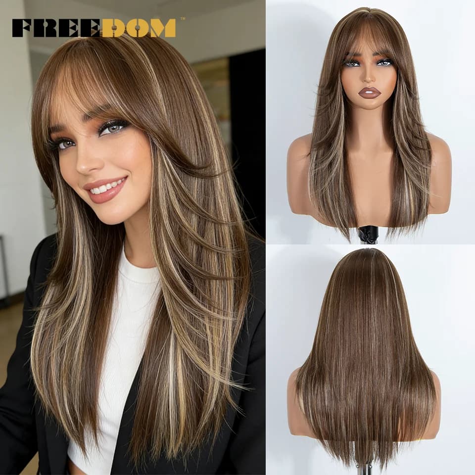 Perruque synthétique FREEDOM à franges droites avec frange, 20 pouces, ombré brun blond, pré-coupée,