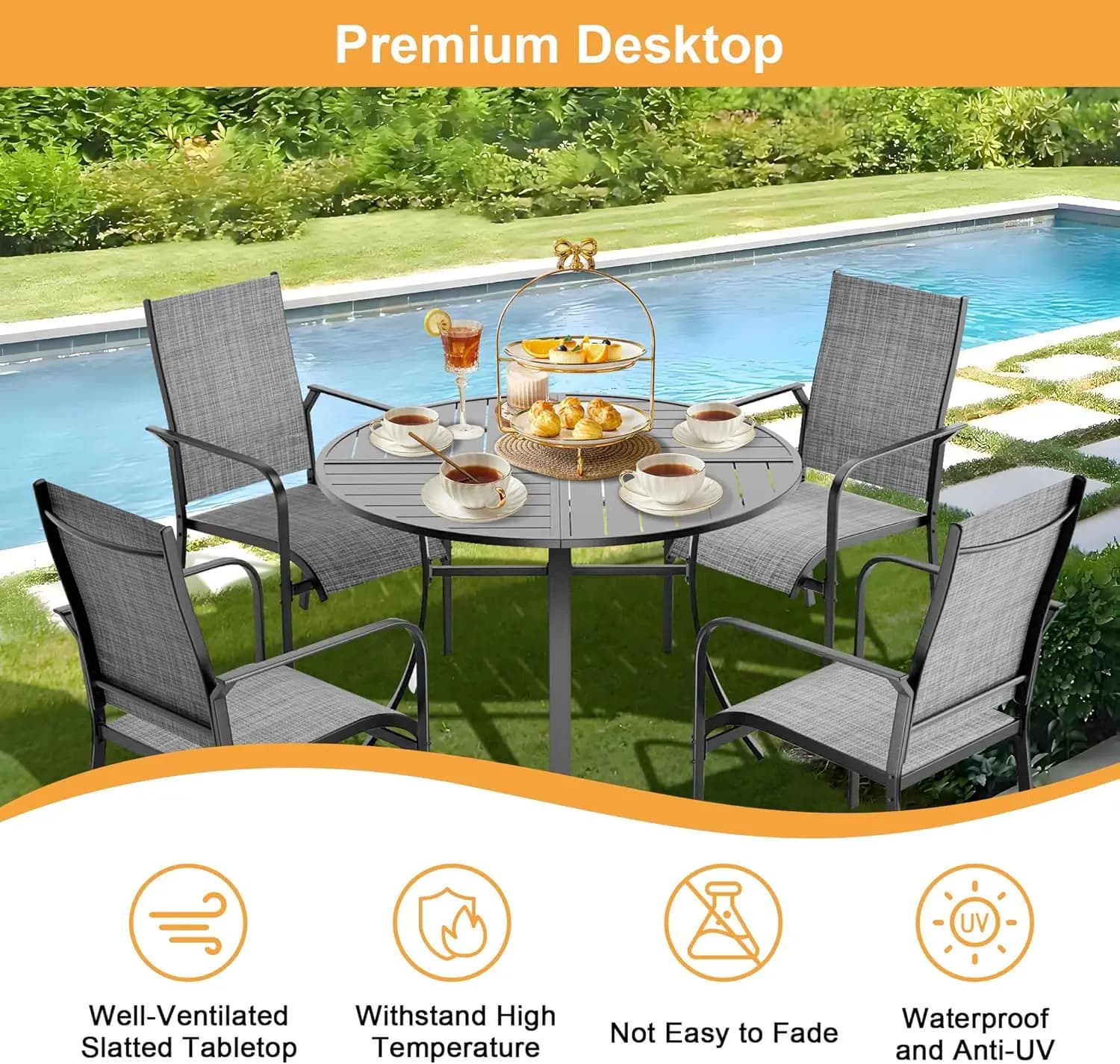 Ensemble de salle à manger de patio rond 5 pièces avec table en aluminium de 42 pouces et 4 chaises 