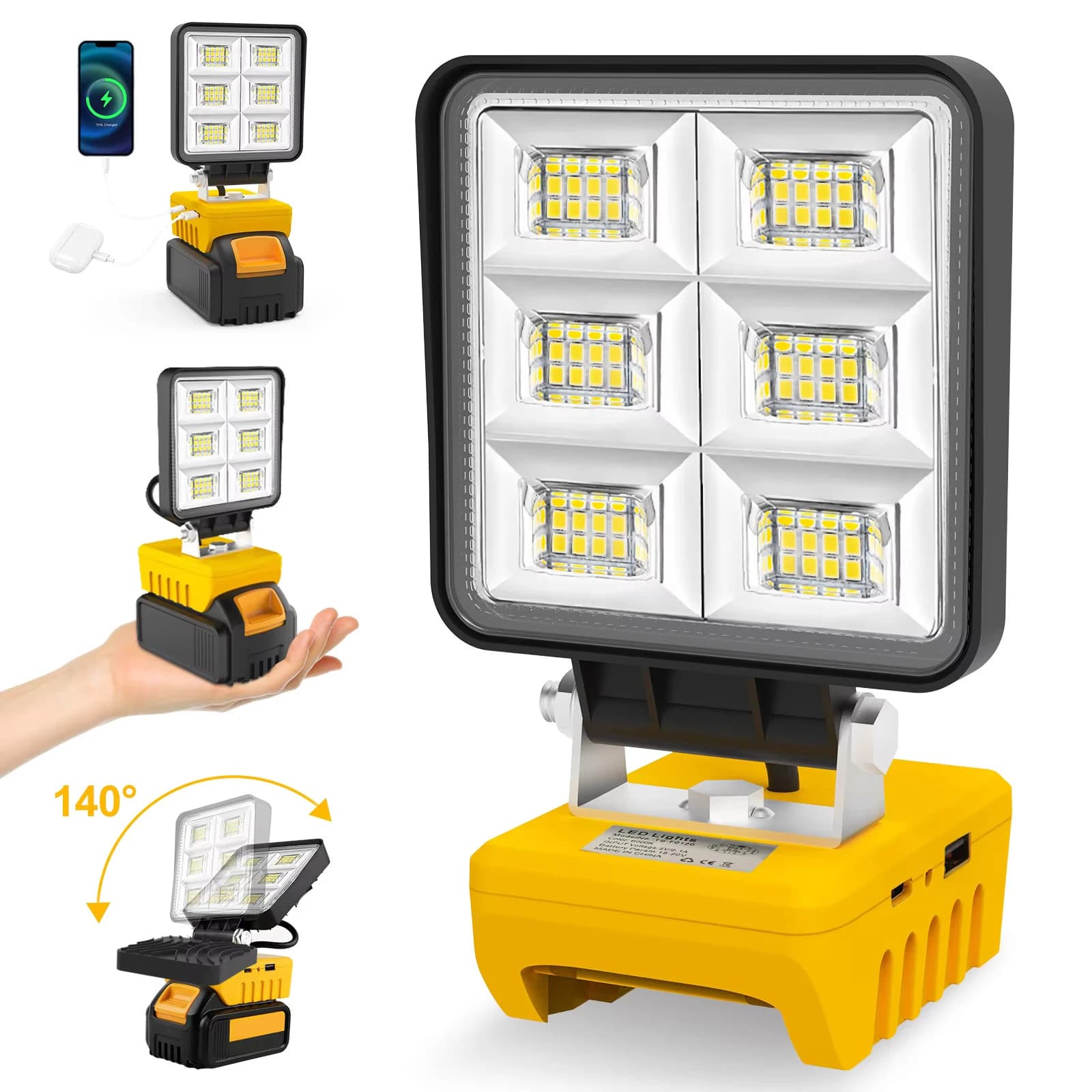 Lampe de travail LED portable 5200LM 48W, lampe de travail sans fil, base réglable, lampe de travail