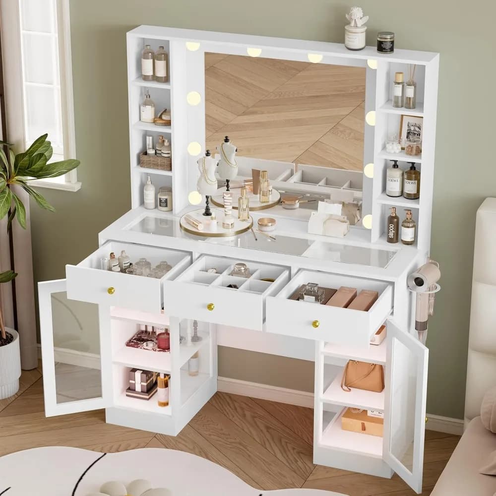 Vanité blanche avec plateau en verre, lumières LED et prise de courant, 3 tiroirs