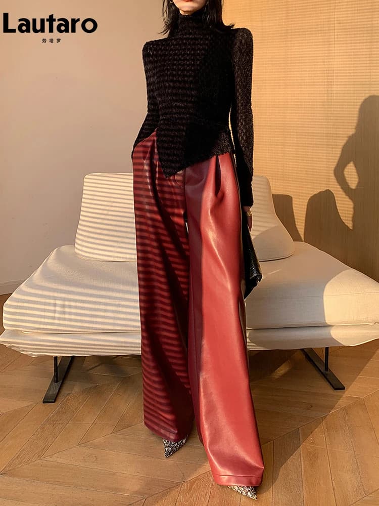 Lautaro printemps automne ample décontracté doux noir bordeaux Pu cuir pantalon à jambes larges pour