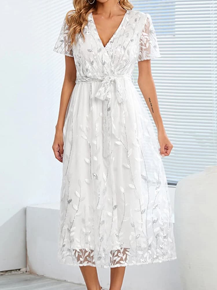 Robe Blanche Brodée à Paillettes pour Femme, Manches Courtes, Maille, Élégante, Mode Bandage, Mince,