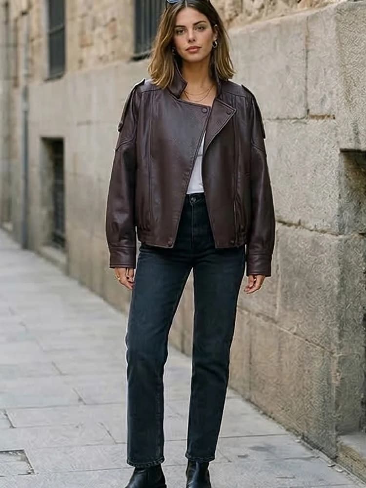 Willshela – vestes en PU pour femmes, fermeture éclair sur le devant, Vintage, col haut, manches lon