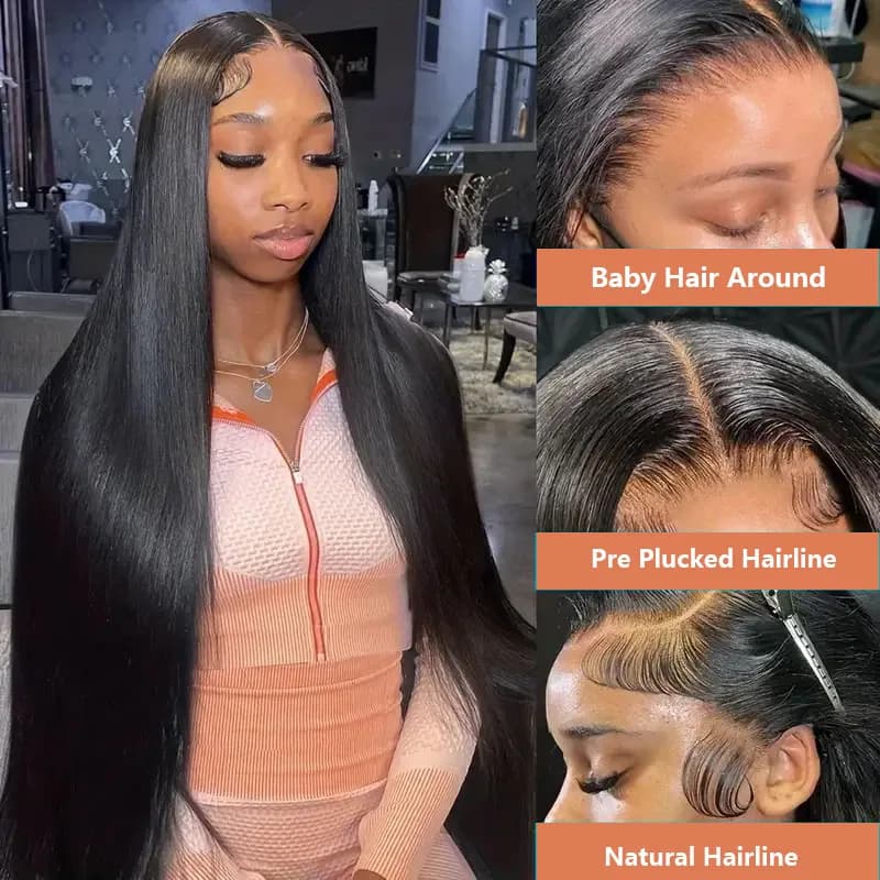 Perruques de cheveux humains lisses noires naturelles de 30 pouces, avec dentelle frontale 360, dent