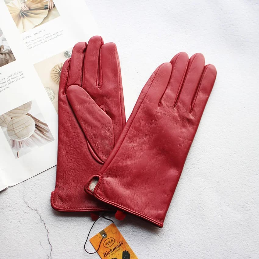 Gants en cuir de mouton de couleur pour femmes, doublure en laine de Style droit, chauds pour moto, 