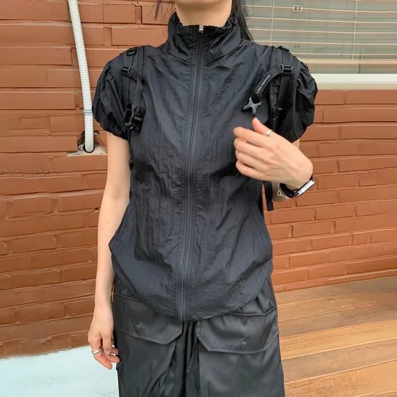 Karr233-T-shirt Cargo Japonais Y2k, Veste Fine à Manches Courtes avec Fermeture Éclair, Protection S