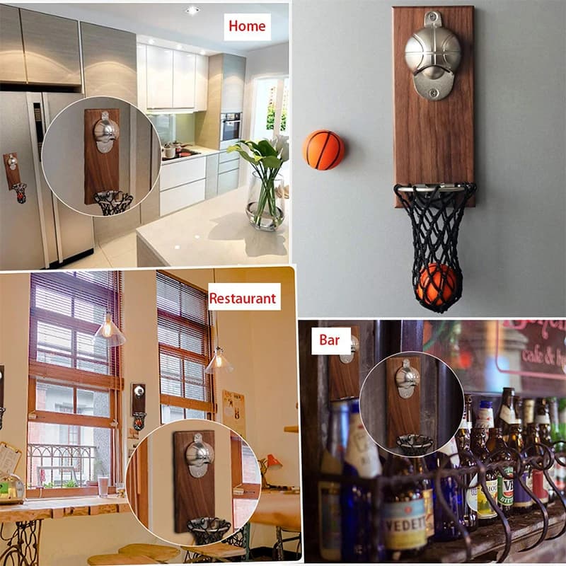 LMETJMA ouvre-bouteille de basket-ball magnétique ouvre-bouteille de bière mural en bois avec receve