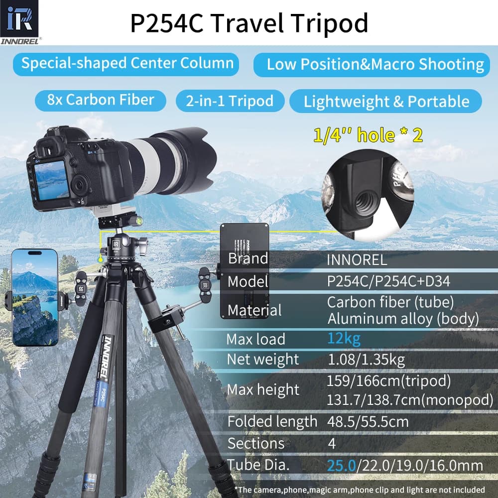 INNOREL P254C Trépied en carbone Portable Compact Support de voyage léger pour appareil photo reflex