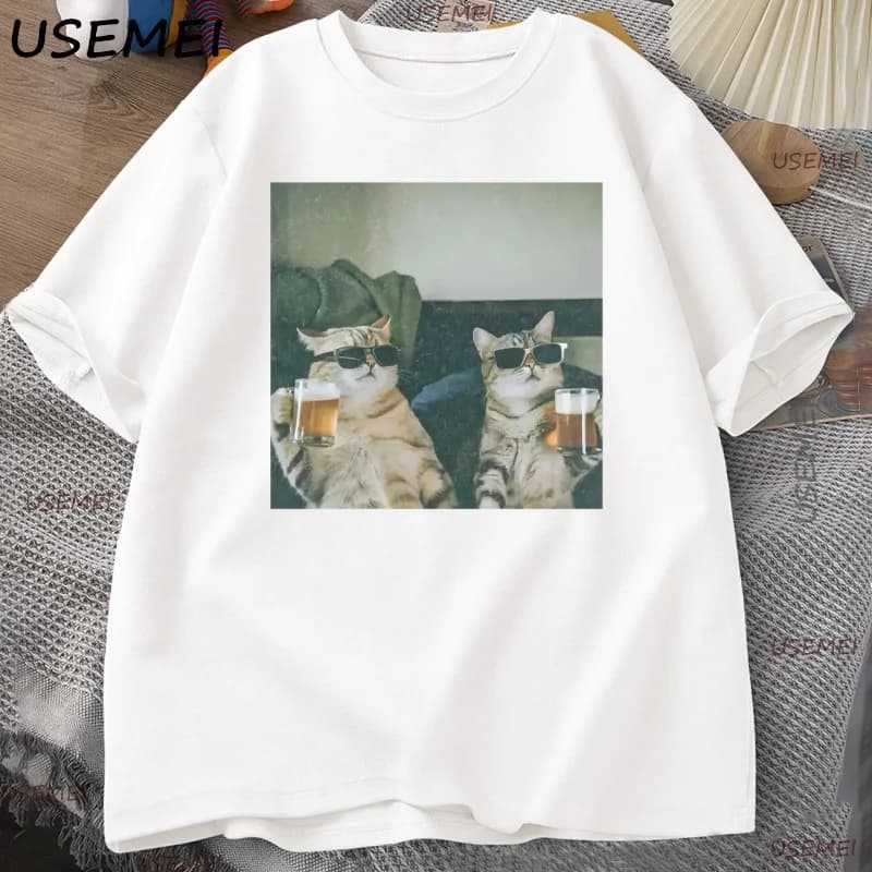 Drôle Cool chat boire de la bière T-shirt décontracté coton à manches courtes T-shirt homme vêtement