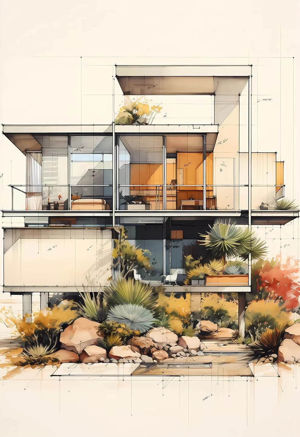 1 pièce - Affiche abstraite minimaliste sur toile, motif maison Fallingwater, architecture classique