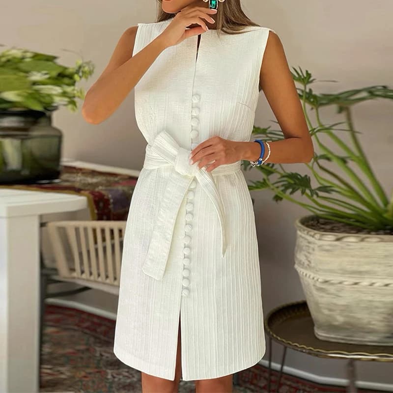 Robe trapèze monochromatique décontractée pour femmes, mini robe à lacets boutonnée, robes de soirée