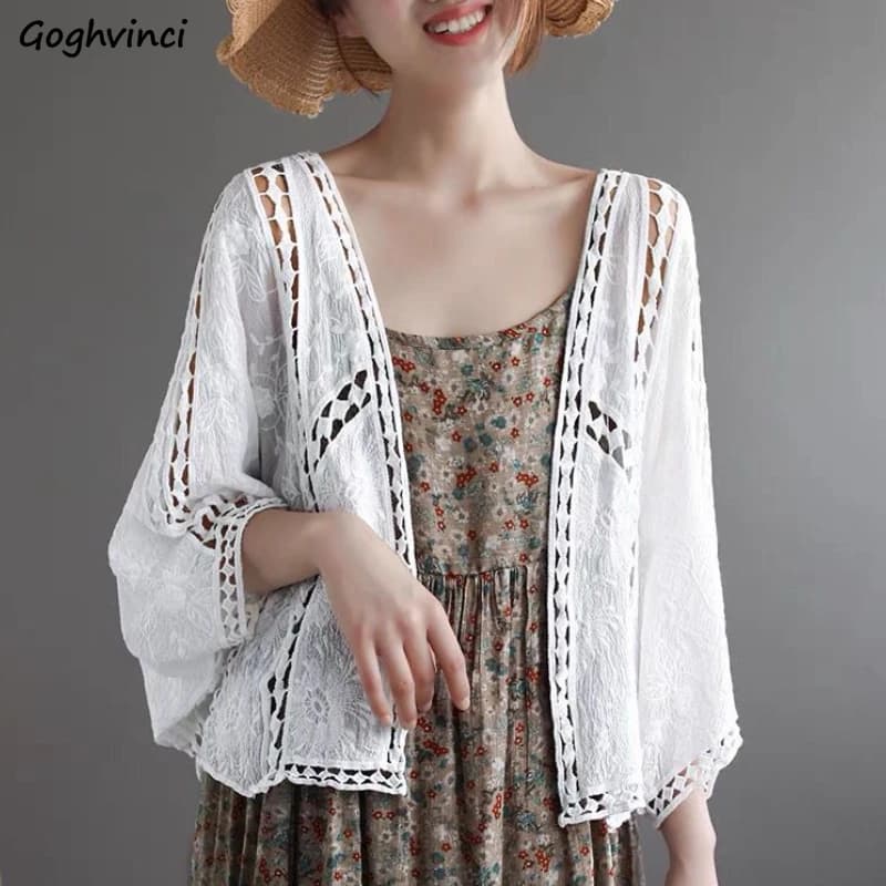 Espèrement-Cardigans d'été évidés pour femmes, vêtements fins, vintage, chic, gracieux, résistant au
