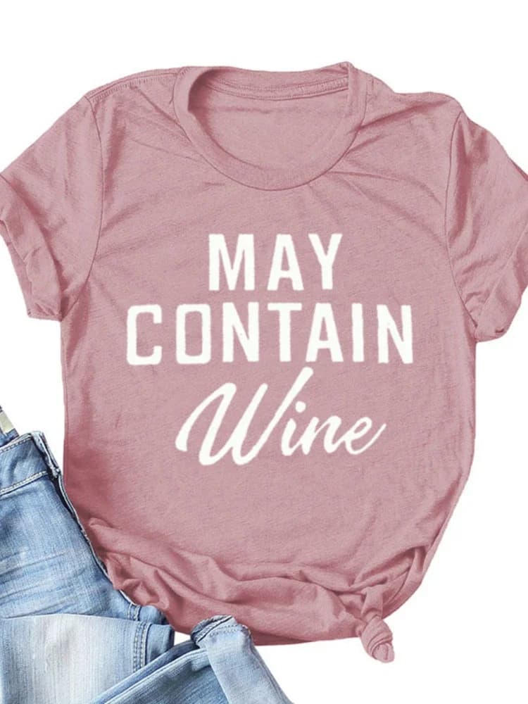 T-shirt manches courtes col rond femme, ample, avec lettres de vin imprimées