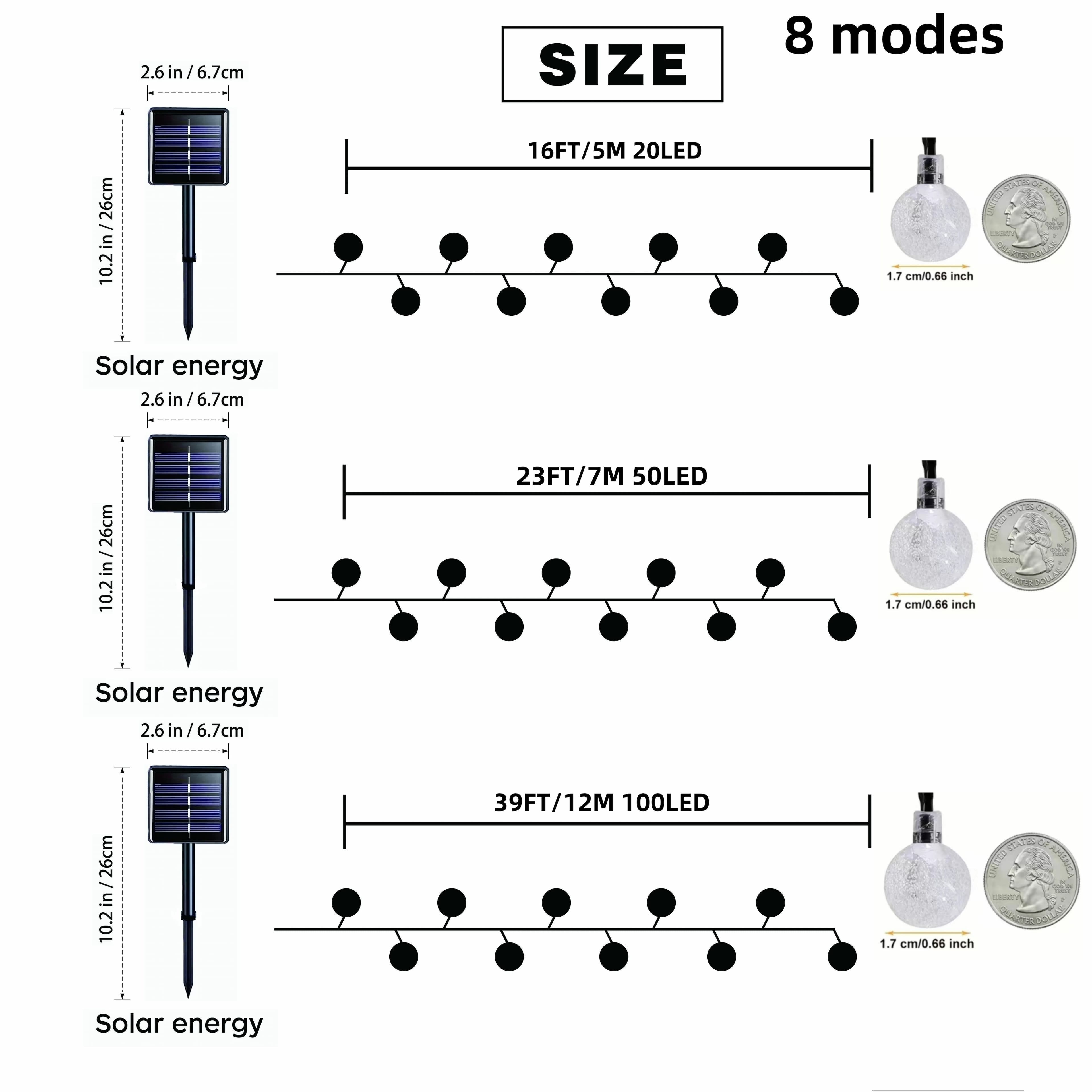 Guirlande solaire Globe en cristal IP65, 39 pieds, 100 LED, 8 Modes d'éclairage, lumières extérieure