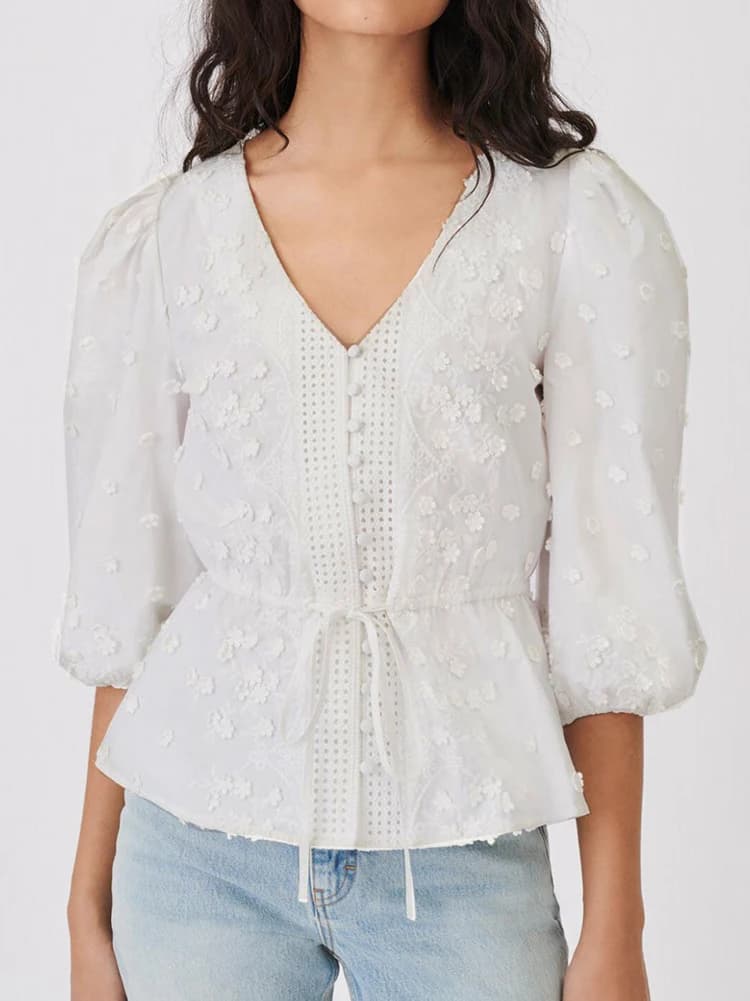 Pouvez-vous psyLady-Chemisier chic à manches bouffantes pour femme, élégant, blanc, avec broderie fl