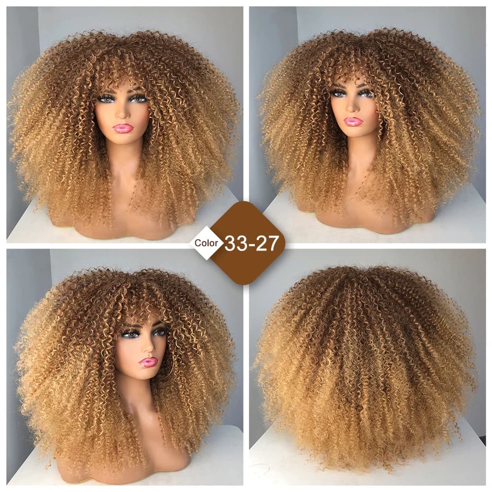 Perruque bouclée avec frange, perruque Afro bouclée pour femmes noires, perruque longue et moelleuse