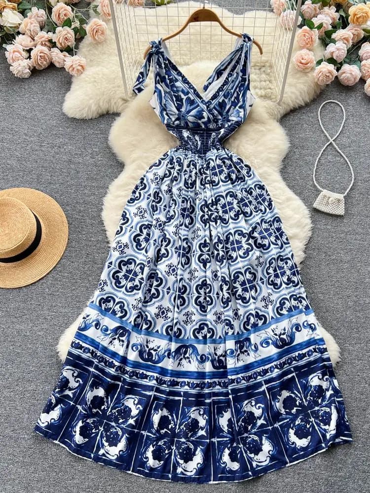 Robe longue de vacances pour femmes, nœud, bretelles Spaghetti, col en V, taille élastique, bleu et 