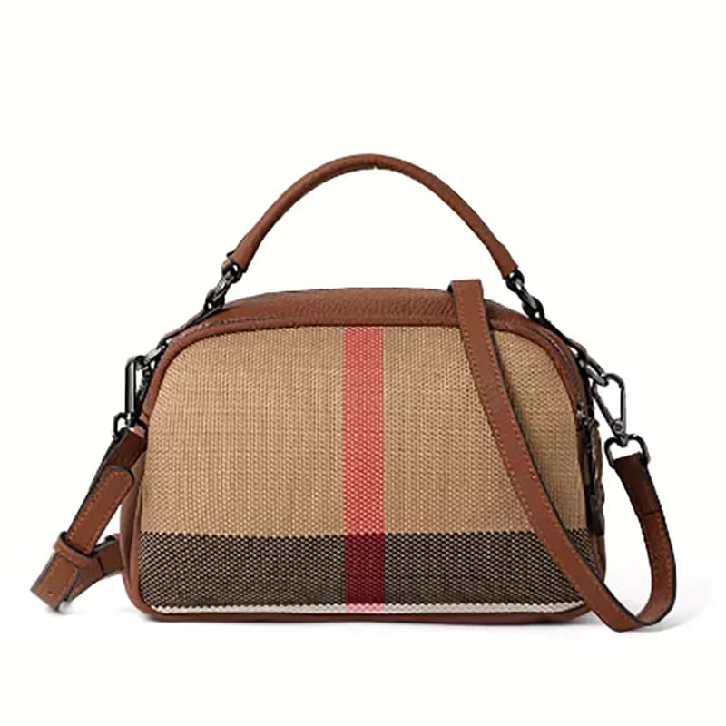 Sac fourre-tout vintage à carreaux pour femme - Toile de qualité - Mélange de cuir, haut élégant - S