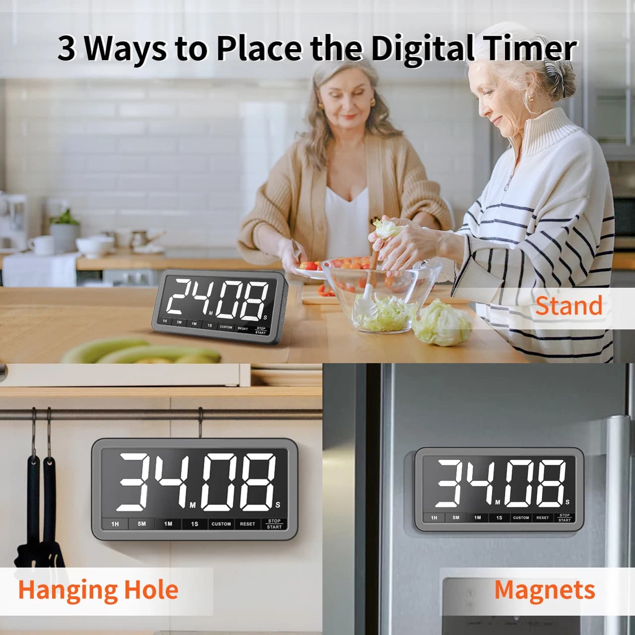 Minuteur de cuisine numérique LED rechargeable VOCOO, grand format, portable, magnétique, avec compt