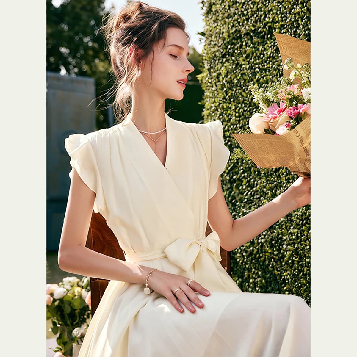 Robe longue élégante OLrain pour femme, collection été 2026, tendance, col en V, manches volantes, i