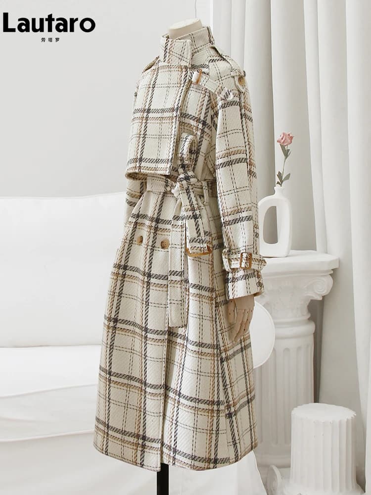 Lautaro-Manteau long en mélange de laine à carreaux chaud pour femme, pardessus en laine à double bo