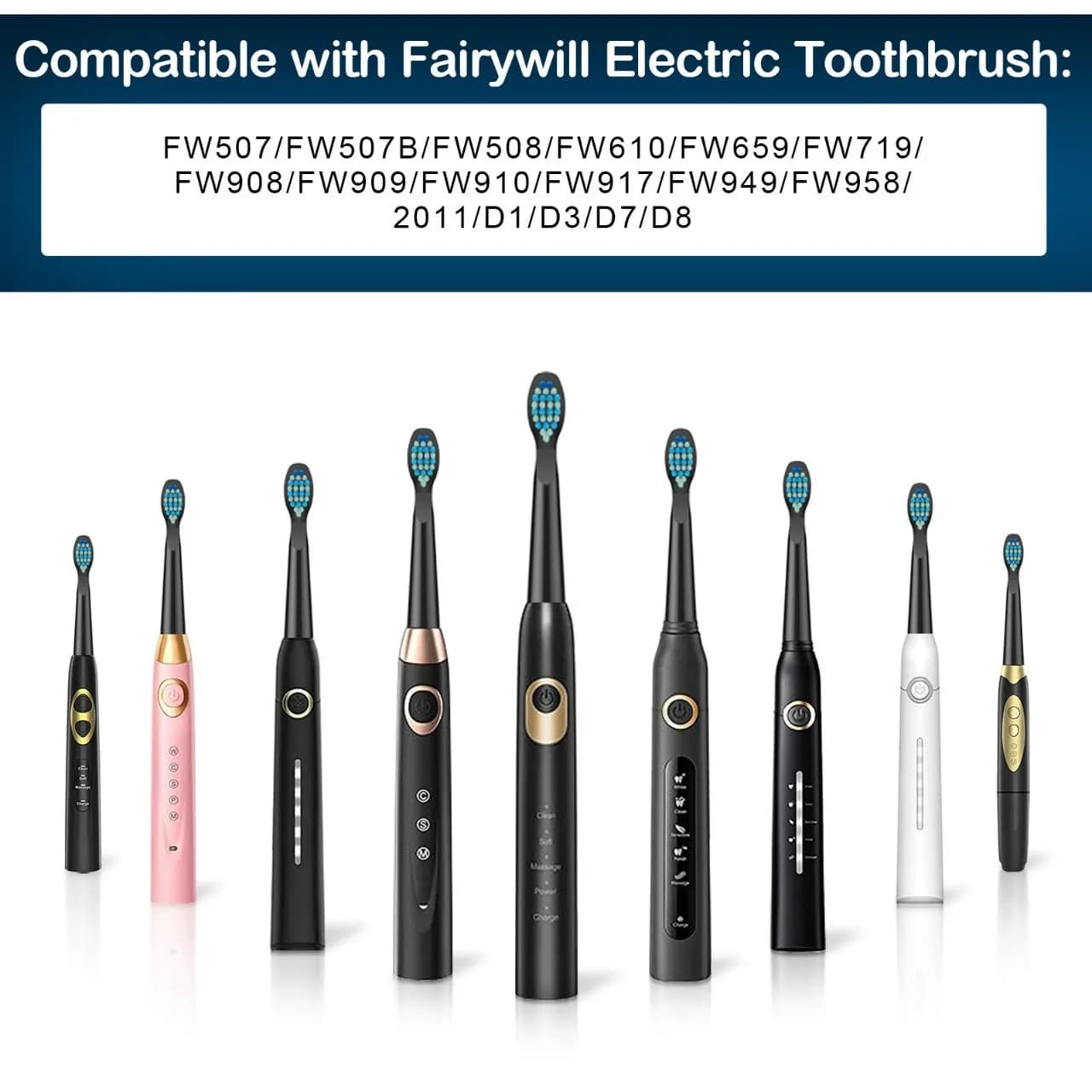 Têtes de brosse de rechange pour Fairywill FW-507/508/515/551/917/959/2011/D1/D3/D7/D8, 5 pièces, br