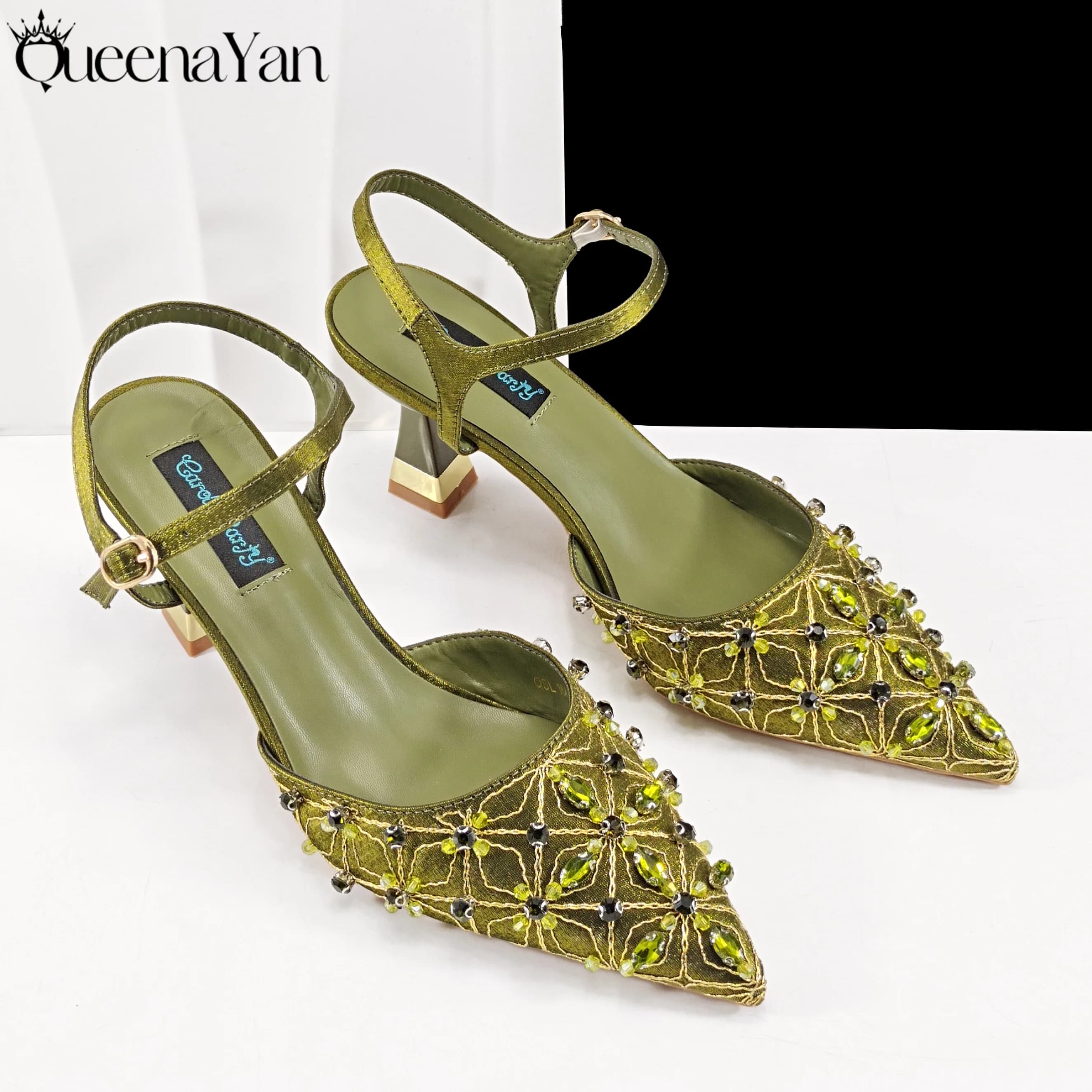 Ensemble de talons hauts et de sacs brodés pour femmes, Style Mature élégant, couleur Olive, bout po