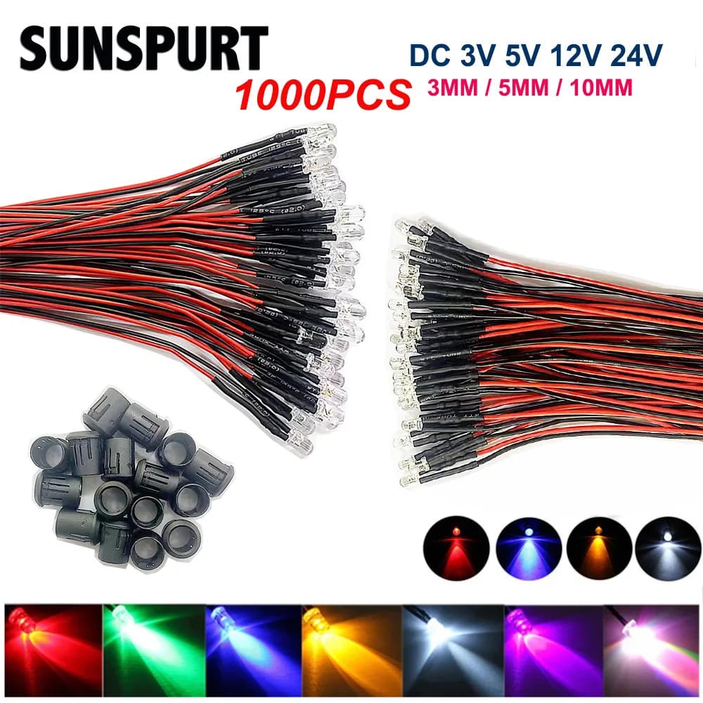 20-1000pcs / lot 20cm pré-câblé 3mm 5mm 10mm lampe à LED ampoule précâblée Diodes électroluminescent