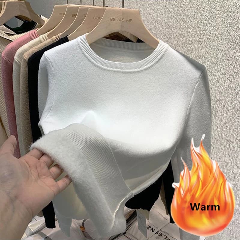 Pull épais en velours pour femme, col rond, Slim, chaud, manches longues, tricoté, décontracté, doub