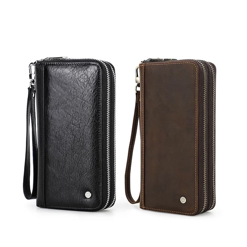 Portefeuille en cuir véritable pour hommes, pochette porte-cartes, portefeuilles longs, double ferme